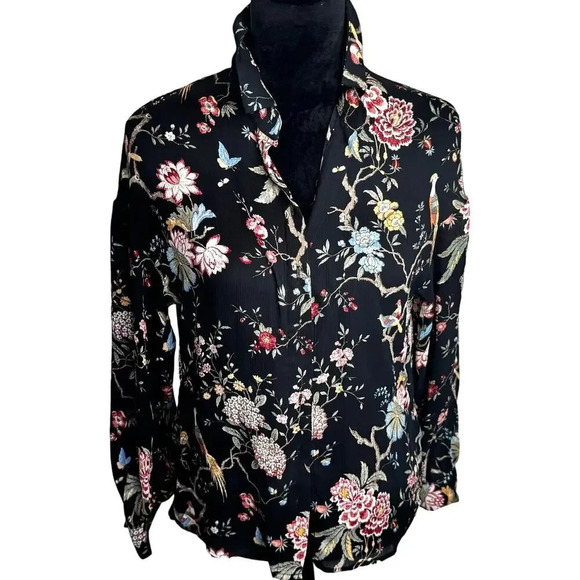 GP & J Baker Floral Bird Print Lightweight Button Up Blouse - Picture 2 of 11